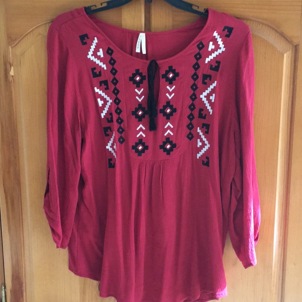 Roper Southwestern top, red with embroidered detailing.